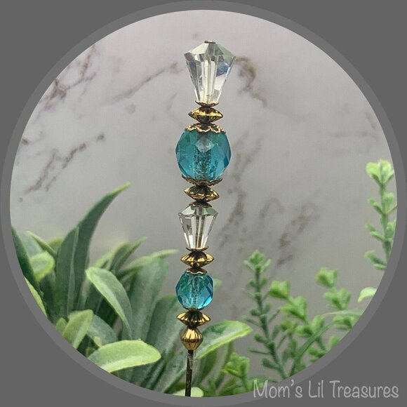 Turquoise Blue & Clear Crystal - Gold Tone Findings- 6” Pin • Hatpin • 4/25 - Picture 3 of 11